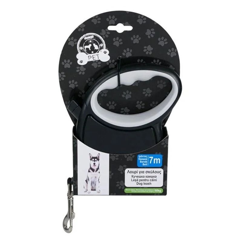Petshop - Accesorii petshop - Zgarzi, lese si hamuri - Lese - Lesa mecanica, pentru caini, cu buton de franare, dimensiuni 7m, negru-gri - Infinity.ro