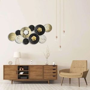 Decoratiune metalica de perete din flori cu detalii brushed, 80x36x7 cm, negru/auriu/alb