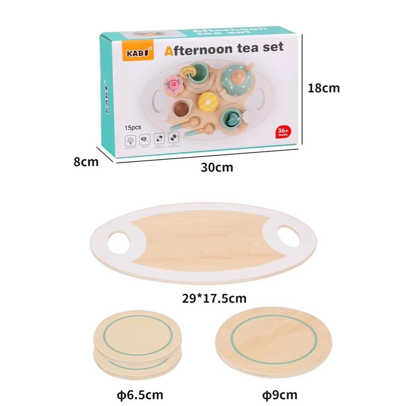 Jucarii, Copii si Bebe - Jucarii si jocuri - Jucarii & jocuri educative - Jucarii interactive - Set de ceai pentru copii 3 ani+, cu 15 piese si accesorii, din lemn, non-toxic, 30x18x8cm, multicolor - Infinity.ro