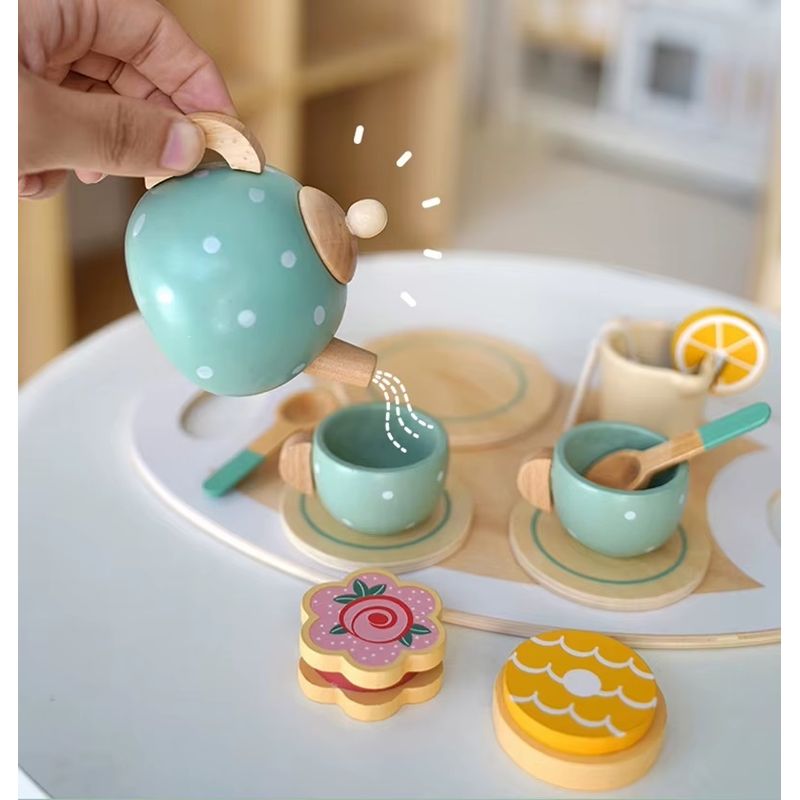 Jucarii, Copii si Bebe - Jucarii si jocuri - Jucarii & jocuri educative - Jucarii interactive - Set de ceai pentru copii 3 ani+, cu 15 piese si accesorii, din lemn, non-toxic, 30x18x8cm, multicolor - Infinity.ro
