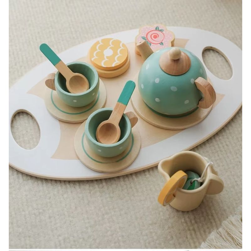 Jucarii, Copii si Bebe - Jucarii si jocuri - Jucarii & jocuri educative - Jucarii interactive - Set de ceai pentru copii 3 ani+, cu 15 piese si accesorii, din lemn, non-toxic, 30x18x8cm, multicolor - Infinity.ro