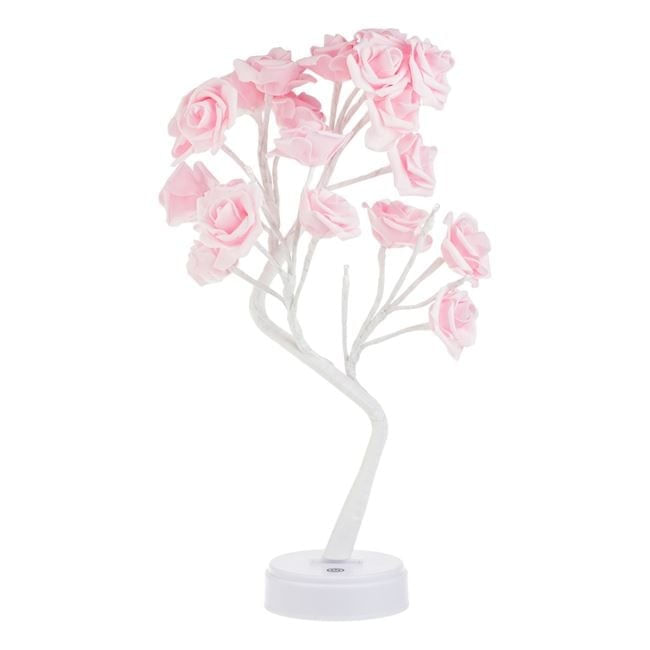 Veioza decorativa cu LED-uri cu lumina alba, in forma de copac cu trandafiri, touch, 48 cm, roz/alb