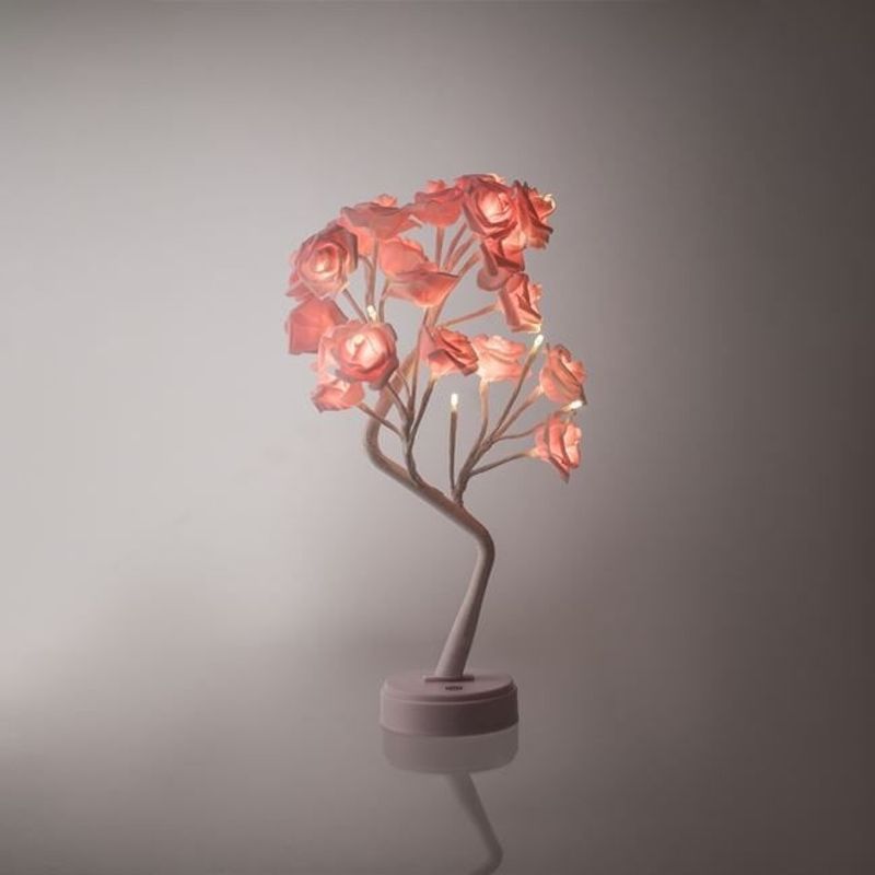 Casa si Gradina - Corpuri si surse de iluminat - Veioze si lampi - Veioze - Veioza decorativa cu LED-uri cu lumina alba, in forma de copac cu trandafiri, touch, 48 cm, roz/alb - Infinity.ro