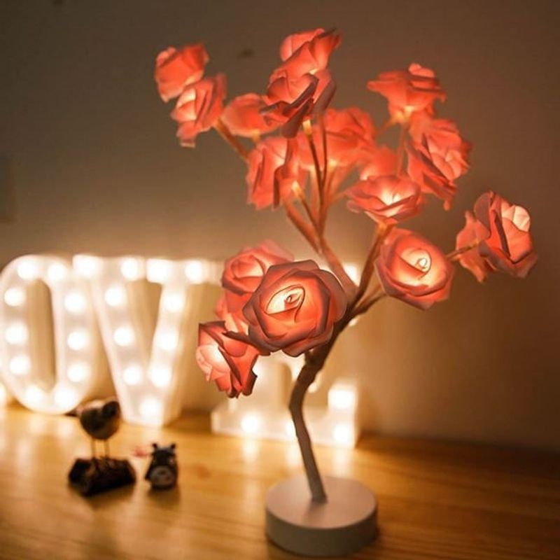 Casa si Gradina - Corpuri si surse de iluminat - Veioze si lampi - Veioze - Veioza decorativa cu LED-uri cu lumina alba, in forma de copac cu trandafiri, touch, 48 cm, roz/alb - Infinity.ro
