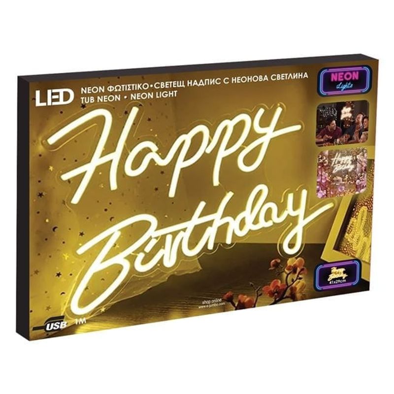Casa si Gradina - Corpuri si surse de iluminat - Veioze si lampi - Veioze - Lampa LED neon, lumina de culoare alba calda, model HAPPY BIRTHDAY, 40.8x29.5 cm, alb - Infinity.ro