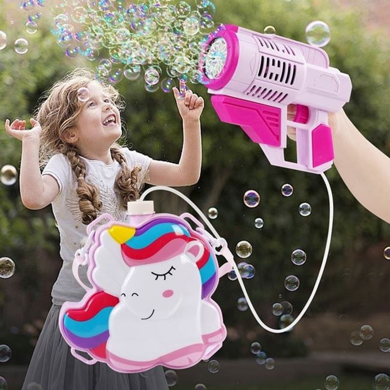 Jucarii, Copii si Bebe - Jucarii si jocuri - Jucarii de exterior - Alte jucarii de exterior - Jucarie baloane de sapun, mitraliera cu 10 tevi, cu geanta unicorn, multicolor - Infinity.ro