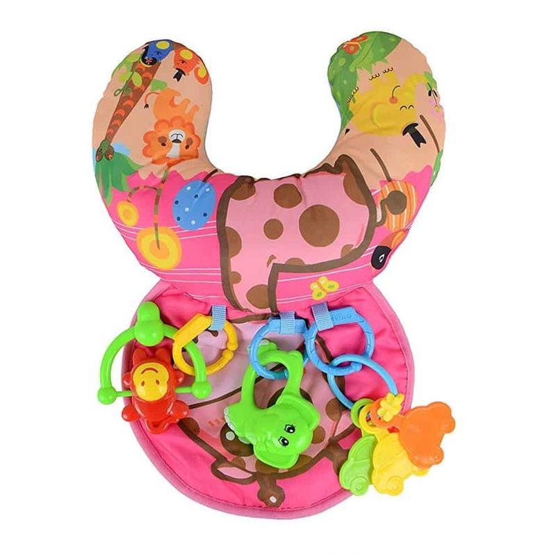 Jucarii, Copii si Bebe - Jucarii si jocuri - Jucarii bebelusi - Centre de activitati - Perna activitati pentru bebelusi cu jucarii zornaitoare, pentru antrenarea si sustinerea gatului, 48x34 cm, galben - Infinity.ro