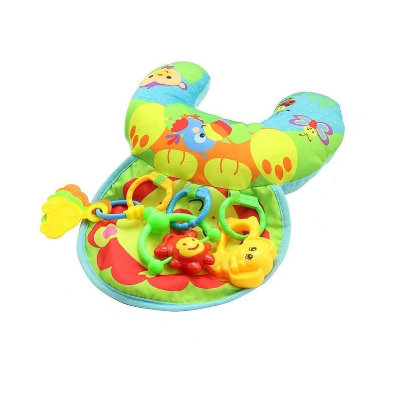 Jucarii, Copii si Bebe - Jucarii si jocuri - Jucarii bebelusi - Centre de activitati - Perna activitati pentru bebelusi cu jucarii zornaitoare, pentru antrenarea si sustinerea gatului, 48x34 cm, galben - Infinity.ro