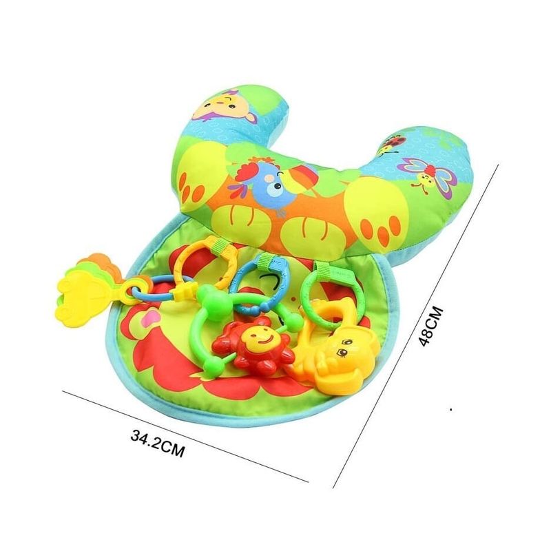 Jucarii, Copii si Bebe - Jucarii si jocuri - Jucarii bebelusi - Centre de activitati - Perna activitati pentru bebelusi cu jucarii zornaitoare, pentru antrenarea si sustinerea gatului, 48x34 cm, galben - Infinity.ro