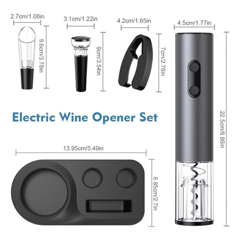 Casa si Gradina - Bucatarie si vesela - Accesorii bar - Tirbusoane si dopuri - Set pentru vin, cu tirbuson electric, decantor, dop si taietor folie, 22.5x4.5cm, argintiu - Infinity.ro