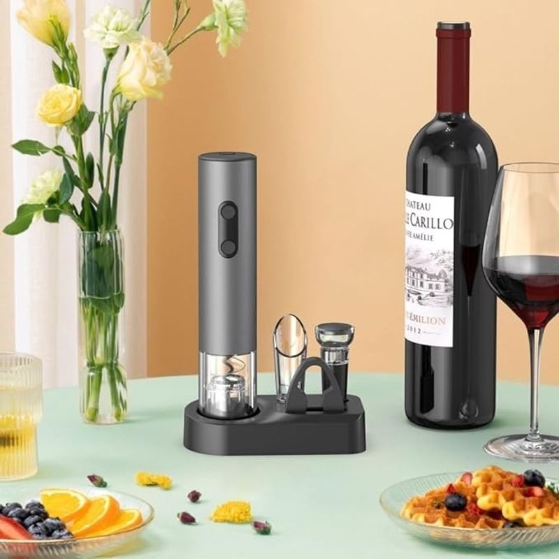 Casa si Gradina - Bucatarie si vesela - Accesorii bar - Tirbusoane si dopuri - Set pentru vin, cu tirbuson electric, decantor, dop si taietor folie, 22.5x4.5cm, argintiu - Infinity.ro