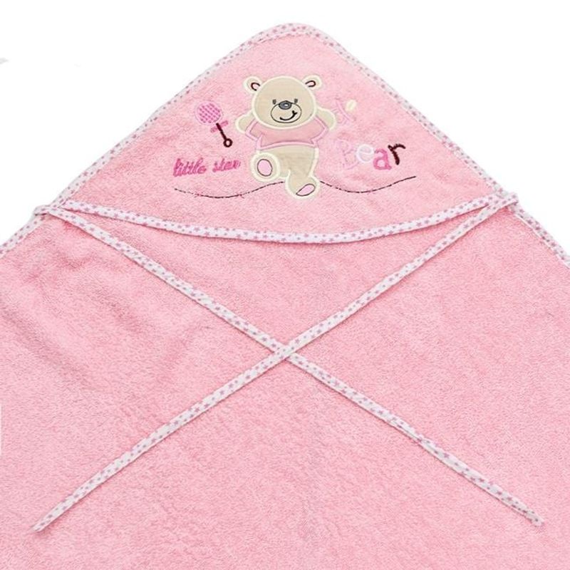 Jucarii, Copii si Bebe - Igiena si ingrijire - Baia bebelusului - Prosoape si halate de baie copii - Prosop bebe, din bumbac, model ursulet cu gluga, dimensiuni 100x100cm, roz - Infinity.ro