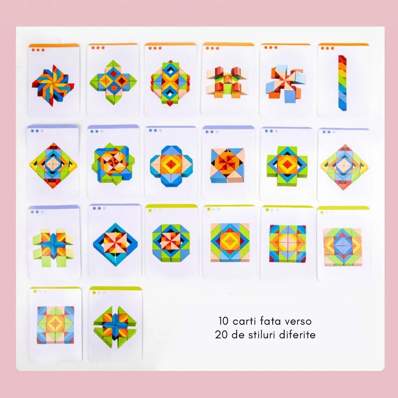 Jucarii, Copii si Bebe - Jucarii si jocuri - Jucarii & jocuri educative - Jocuri si jucarii educative - Set 48 piese geometrice 3D din lemn si 10 carduri cu modele imprimate fata-vero, mozaic Montessori, multicolor, + 3 ani - Infinity.ro