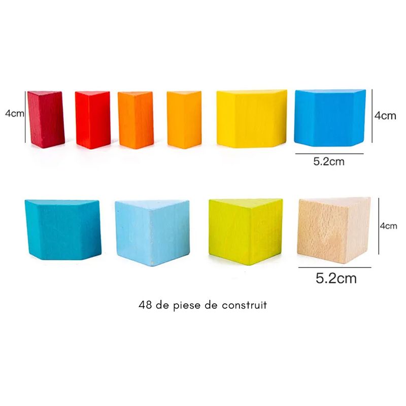 Jucarii, Copii si Bebe - Jucarii si jocuri - Jucarii & jocuri educative - Jocuri si jucarii educative - Set 48 piese geometrice 3D din lemn si 10 carduri cu modele imprimate fata-vero, mozaic Montessori, multicolor, + 3 ani - Infinity.ro