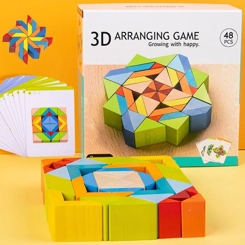 Jucarii, Copii si Bebe - Jucarii si jocuri - Jucarii & jocuri educative - Jocuri si jucarii educative - Set 48 piese geometrice 3D din lemn si 10 carduri cu modele imprimate fata-vero, mozaic Montessori, multicolor, + 3 ani - Infinity.ro