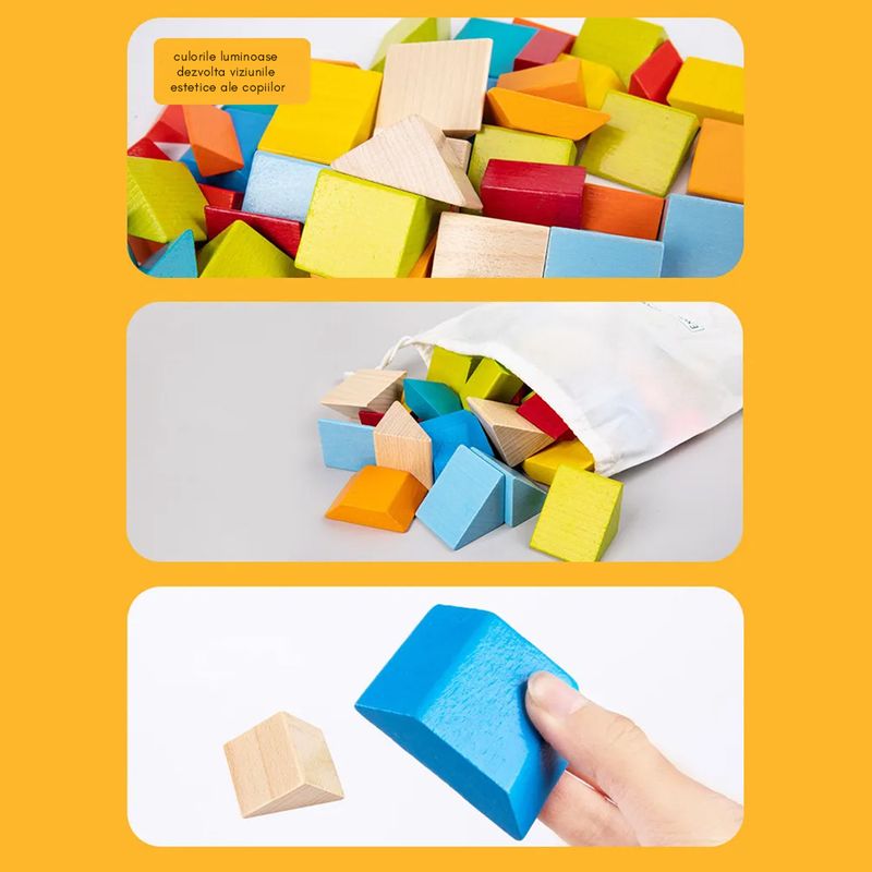 Jucarii, Copii si Bebe - Jucarii si jocuri - Jucarii & jocuri educative - Jocuri si jucarii educative - Set 48 piese geometrice 3D din lemn si 10 carduri cu modele imprimate fata-vero, mozaic Montessori, multicolor, + 3 ani - Infinity.ro
