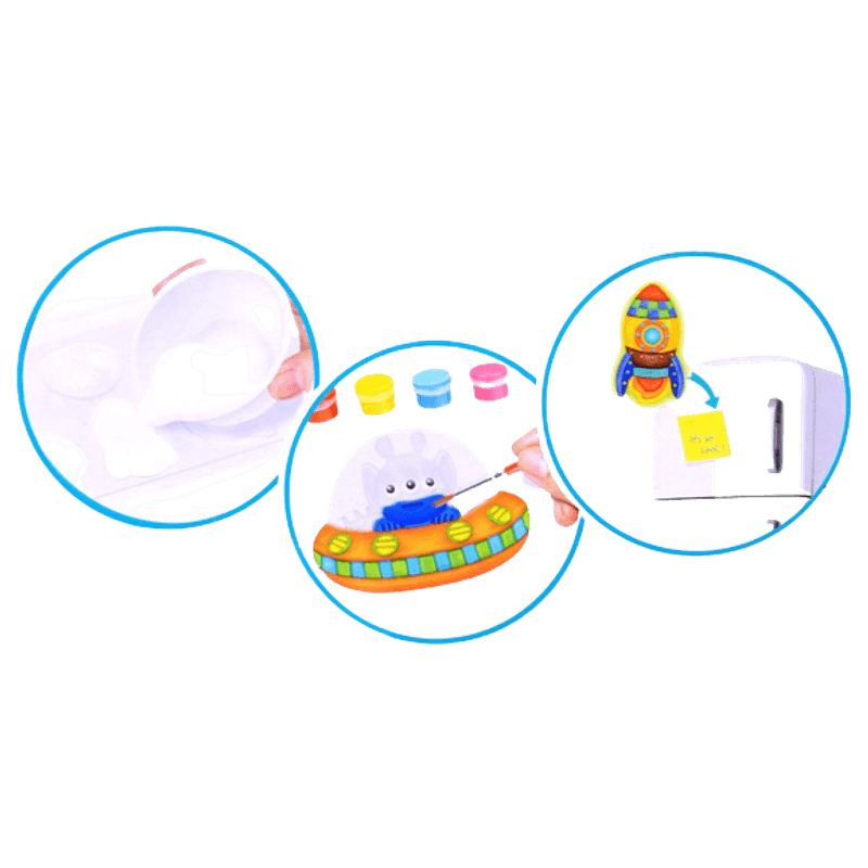 Jucarii, Copii si Bebe - Jucarii si jocuri - Jucarii & jocuri educative - Jucarii interactive - Set de pictat si creat magneti, Space, 6 forme diferite, planeta cu inele, Terra, rachete, 2 astronauti - Infinity.ro