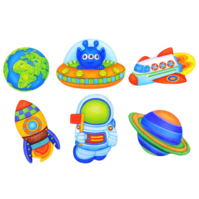 Jucarii, Copii si Bebe - Jucarii si jocuri - Jucarii & jocuri educative - Jucarii interactive - Set de pictat si creat magneti, Space, 6 forme diferite, planeta cu inele, Terra, rachete, 2 astronauti - Infinity.ro