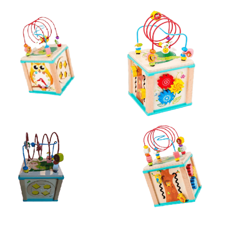 Jucarii, Copii si Bebe - Jucarii si jocuri - Jucarii & jocuri educative - Jocuri si jucarii educative - Centru din lemn educativ Montessori, Cub activitati bebelusi 5 in 1, Bufnita - Infinity.ro