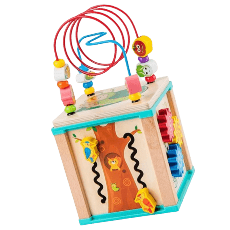 Jucarii, Copii si Bebe - Jucarii si jocuri - Jucarii & jocuri educative - Jocuri si jucarii educative - Centru din lemn educativ Montessori, Cub activitati bebelusi 5 in 1, Bufnita - Infinity.ro