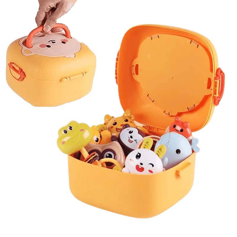 Jucarii, Copii si Bebe - Jucarii si jocuri - Jucarii bebelusi - Jucarii interactive bebelusi - Set 12 jucarii zornaitoare bebelusi, jucarii dentitie, cutie de transport in forma de maimutica,  0 luni, Edujucarii - Infinity.ro