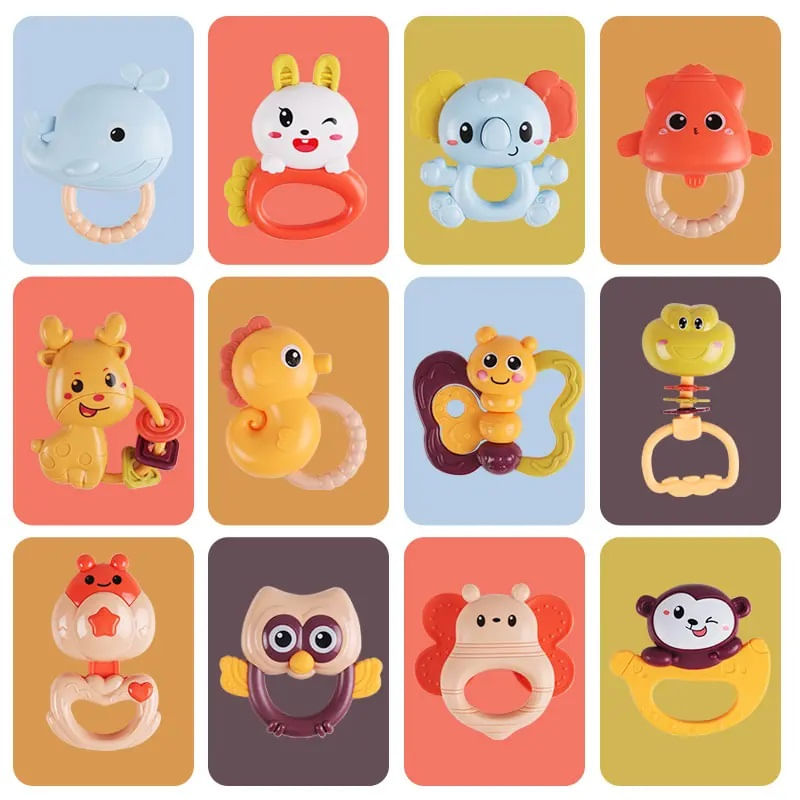 Jucarii, Copii si Bebe - Jucarii si jocuri - Jucarii bebelusi - Jucarii interactive bebelusi - Set 12 jucarii zornaitoare bebelusi, jucarii dentitie, cutie de transport in forma de maimutica,  0 luni, Edujucarii - Infinity.ro