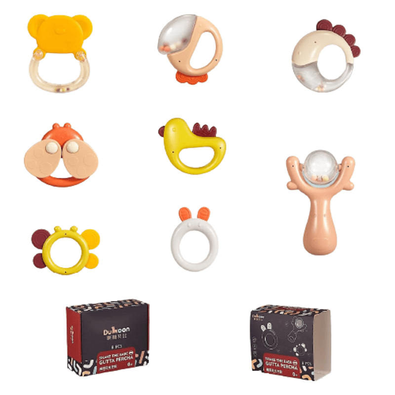Jucarii, Copii si Bebe - Jucarii si jocuri - Jucarii bebelusi - Jucarii interactive bebelusi - Set 8 piese jucarii zornaitoare bebelusi, dentitie, cutie de transport in forma de ursulet,  0 luni, Edujucarii - Infinity.ro