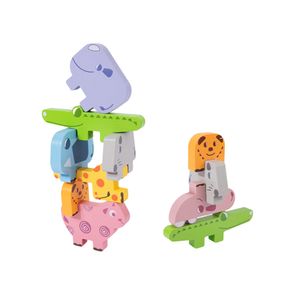 Jucarie educativa Montessori pentru copii, set 10 figurine de lemn pentru stivuire, Animal Stacking block game, 3 ani