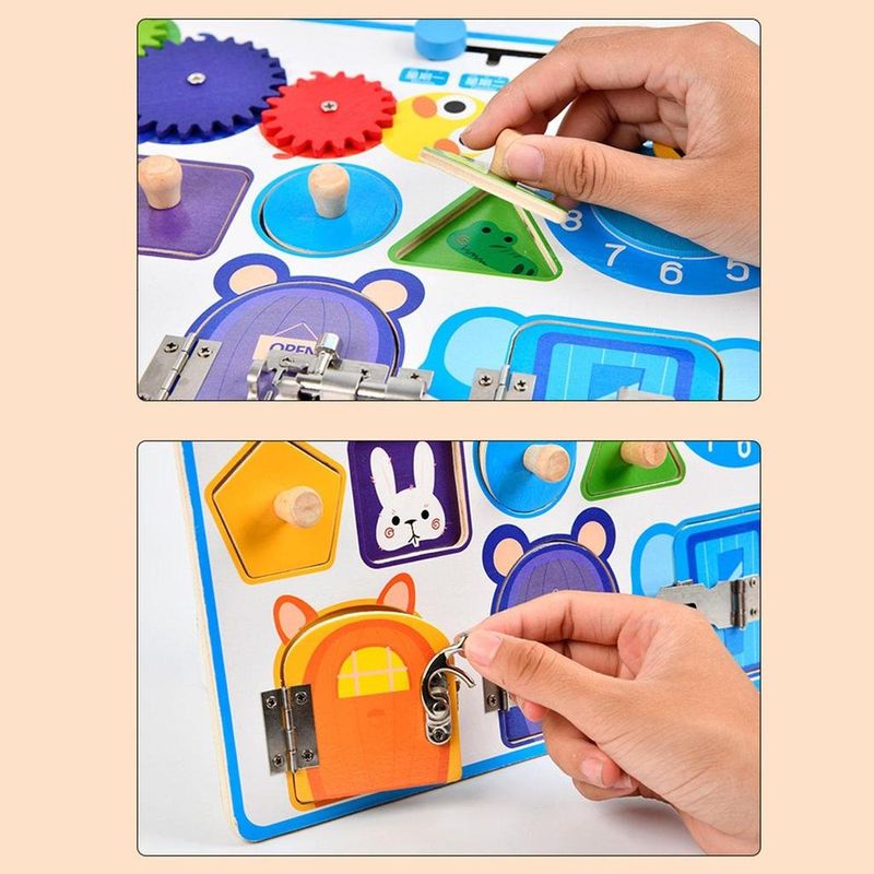 Jucarii, Copii si Bebe - Jucarii si jocuri - Jucarii & jocuri educative - Jucarii interactive - Jucarie interactiva Montessori, placa senzoriala 5 in 1 cu ceas, forme geometrice, calendar si 3 usi cu incuietori - Infinity.ro