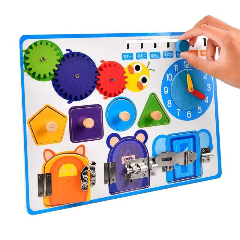 Jucarii, Copii si Bebe - Jucarii si jocuri - Jucarii & jocuri educative - Jucarii interactive - Jucarie interactiva Montessori, placa senzoriala 5 in 1 cu ceas, forme geometrice, calendar si 3 usi cu incuietori - Infinity.ro