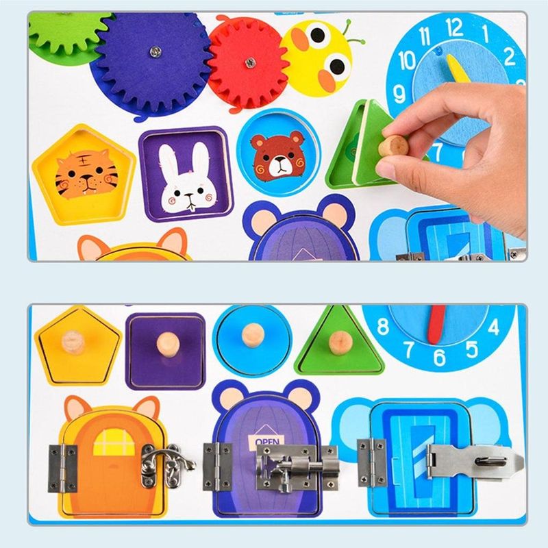 Jucarii, Copii si Bebe - Jucarii si jocuri - Jucarii & jocuri educative - Jucarii interactive - Jucarie interactiva Montessori, placa senzoriala 5 in 1 cu ceas, forme geometrice, calendar si 3 usi cu incuietori - Infinity.ro