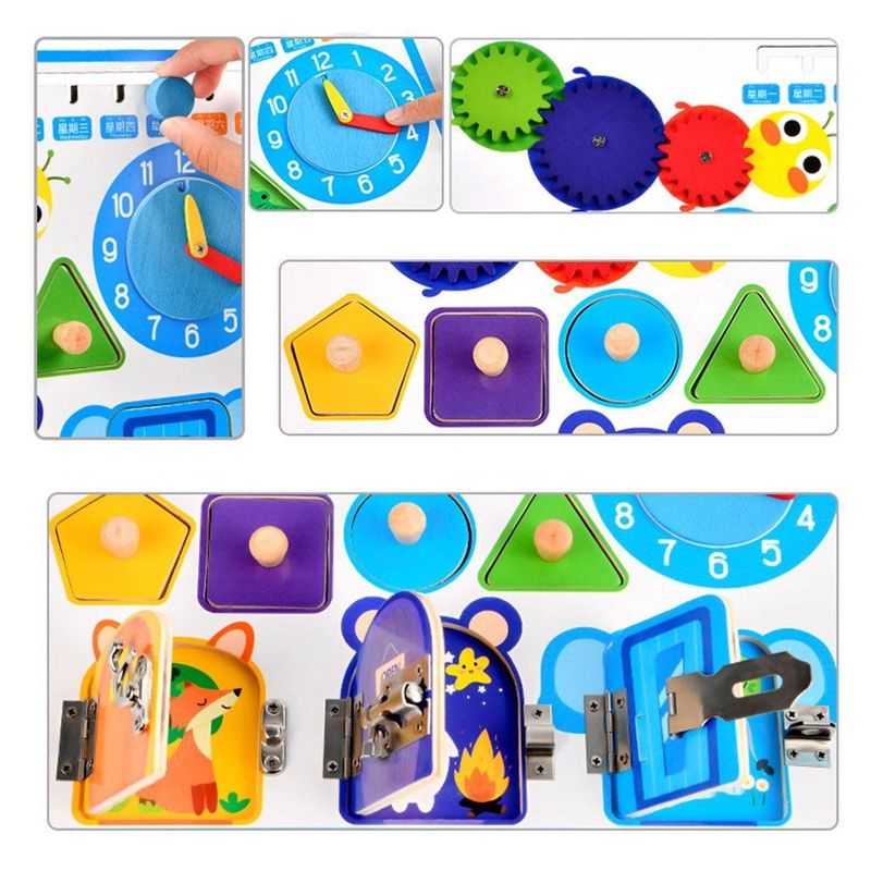 Jucarii, Copii si Bebe - Jucarii si jocuri - Jucarii & jocuri educative - Jucarii interactive - Jucarie interactiva Montessori, placa senzoriala 5 in 1 cu ceas, forme geometrice, calendar si 3 usi cu incuietori - Infinity.ro