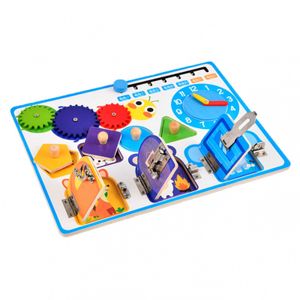 Jucarie interactiva Montessori, placa senzoriala 5 in 1 cu ceas, forme geometrice, calendar si 3 usi cu incuietori