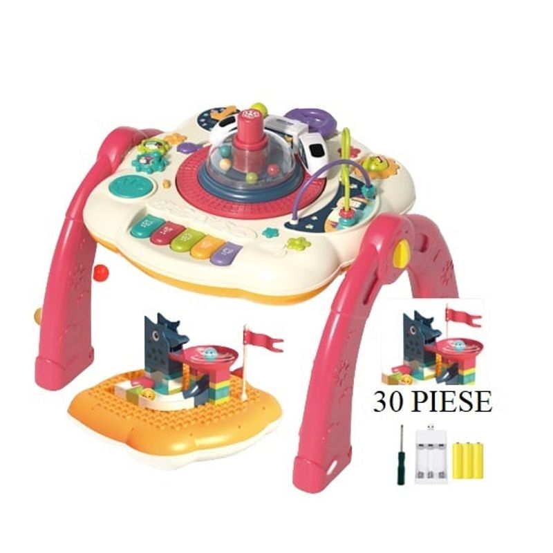 Jucarii, Copii si Bebe - Jucarii si jocuri - Jucarii & jocuri educative - Jucarii interactive - Masuta interactiva, muzicala, 2 in 1, centru de activitati, fata cu masa pentru LEGO si 30 piese, rosu, Edujucarii - Infinity.ro