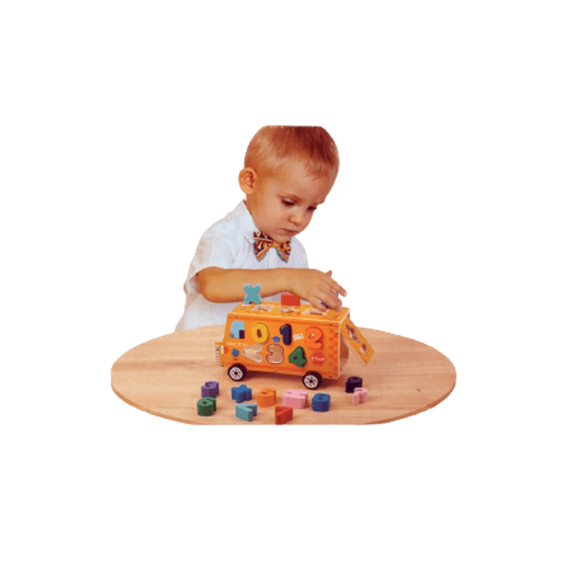 Jucarii, Copii si Bebe - Jucarii si jocuri - Jucarii & jocuri educative - Jucarii interactive - Autobuz scolar Lemn, SortatorCifre, Semne Matematice, Montessori, Multicolora, Lemn, 18 Piese, 3 ani+, Edujucarii - Infinity.ro