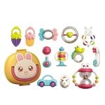 Jucarii, Copii si Bebe - Jucarii si jocuri - Jucarii bebelusi - Jucarii interactive bebelusi - Set 12 piese jucarii zornaitoare bebelusi, jucarii pentru dentitie, cutie de transport in forma de iepuras,  0 luni, - Infinity.ro