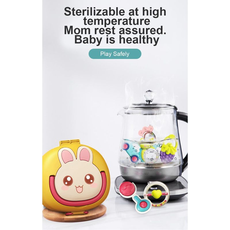 Jucarii, Copii si Bebe - Jucarii si jocuri - Jucarii bebelusi - Jucarii interactive bebelusi - Set 12 piese jucarii zornaitoare bebelusi, jucarii pentru dentitie, cutie de transport in forma de iepuras,  0 luni, - Infinity.ro