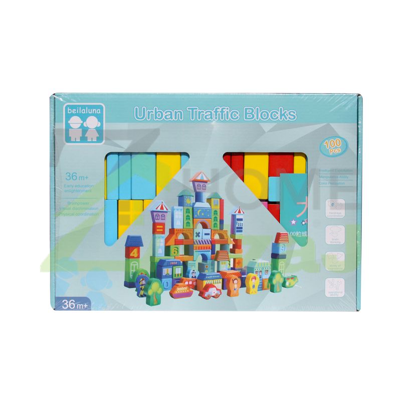 Jucarii, Copii si Bebe - Jucarii si jocuri - Jucarii & jocuri educative - Jocuri si jucarii educative - Set 100 cuburi lemn  - Trafic urban - Beilaluna Urban Traffic, 100 piese - Infinity.ro