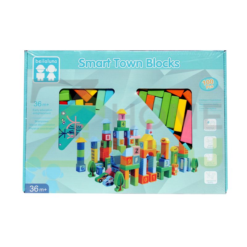 Jucarii, Copii si Bebe - Jucarii si jocuri - Jucarii & jocuri educative - Jocuri si jucarii educative - Set 100 cuburi lemn  - Oras - Smart Town Blocks, Beilaluna, 100 piese - Infinity.ro