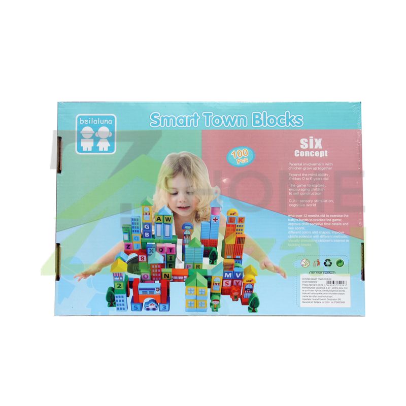 Jucarii, Copii si Bebe - Jucarii si jocuri - Jucarii & jocuri educative - Jocuri si jucarii educative - Set 100 cuburi lemn  - Oras - Smart Town Blocks, Beilaluna, 100 piese - Infinity.ro