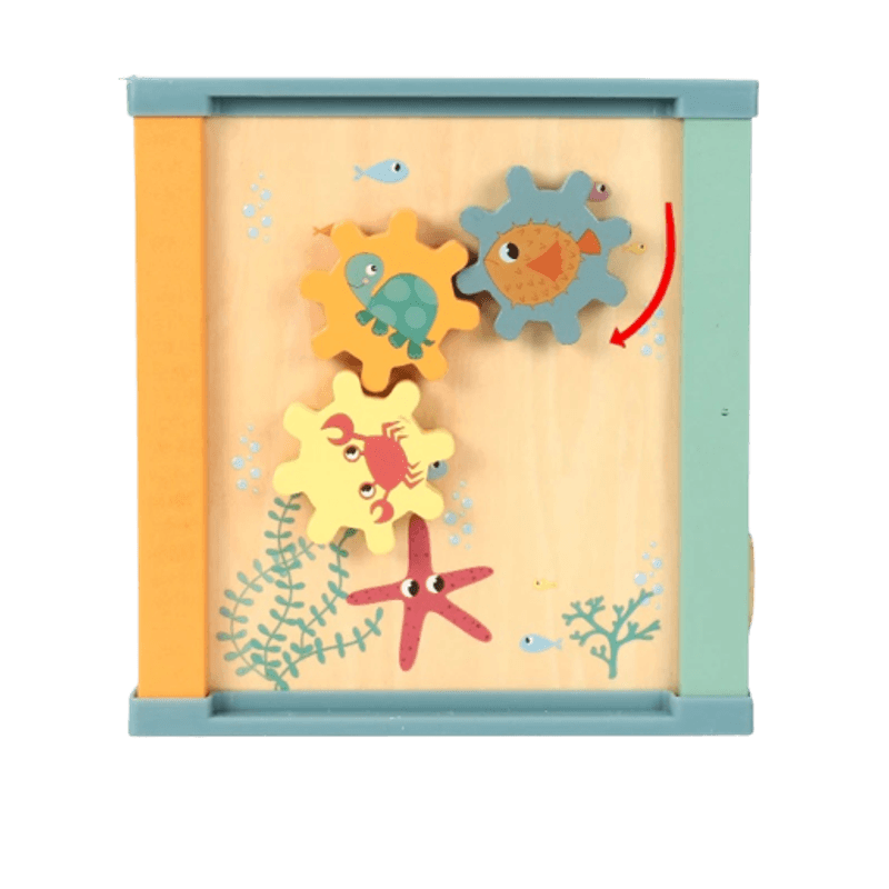Jucarii, Copii si Bebe - Jucarii si jocuri - Jucarii & jocuri educative - Jucarii interactive - Centru din lemn educativ Montessori, Cub activitati bebelusi 5 in 1, Ocean, 1 an + - Infinity.ro