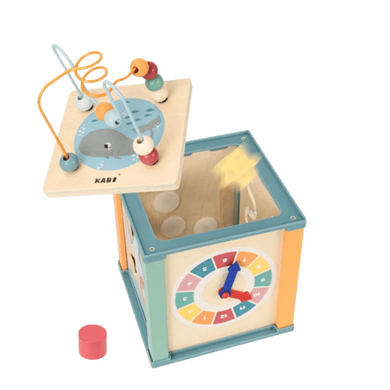 Jucarii, Copii si Bebe - Jucarii si jocuri - Jucarii & jocuri educative - Jucarii interactive - Centru din lemn educativ Montessori, Cub activitati bebelusi 5 in 1, Ocean, 1 an + - Infinity.ro