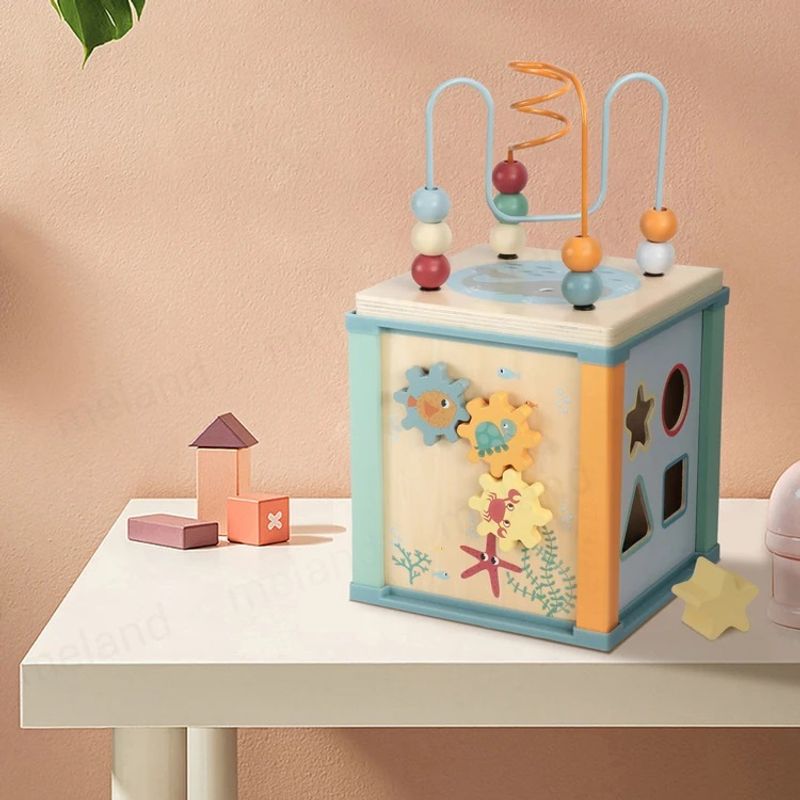 Jucarii, Copii si Bebe - Jucarii si jocuri - Jucarii & jocuri educative - Jucarii interactive - Centru din lemn educativ Montessori, Cub activitati bebelusi 5 in 1, Ocean, 1 an + - Infinity.ro