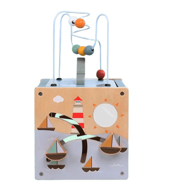 Jucarii, Copii si Bebe - Jucarii si jocuri - Jucarii & jocuri educative - Jucarii interactive - Centru din lemn educativ Montessori, Cub activitati bebelusi 5 in 1, delfin, 1 an+ - Infinity.ro