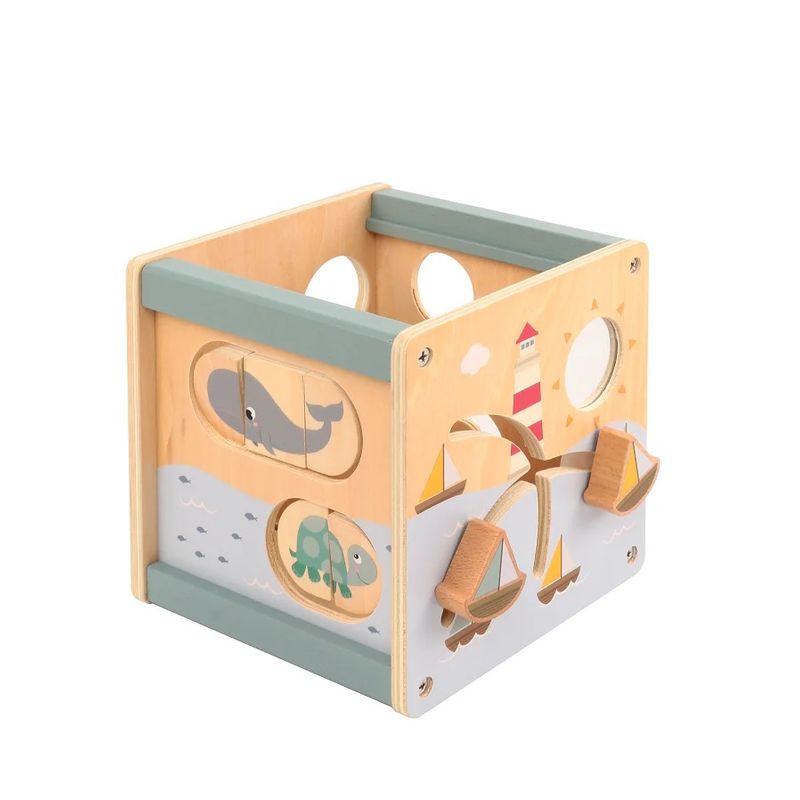 Jucarii, Copii si Bebe - Jucarii si jocuri - Jucarii & jocuri educative - Jucarii interactive - Centru din lemn educativ Montessori, Cub activitati bebelusi 5 in 1, delfin, 1 an+ - Infinity.ro