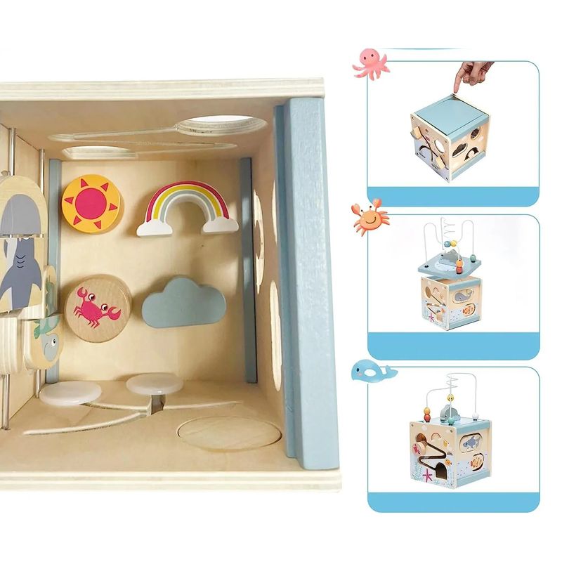 Jucarii, Copii si Bebe - Jucarii si jocuri - Jucarii & jocuri educative - Jucarii interactive - Centru din lemn educativ Montessori, Cub activitati bebelusi 5 in 1, delfin, 1 an+ - Infinity.ro