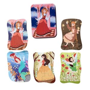 Set 5 Puzzles pentru incepatori, Diferite Nivele de Complexitate, Cutie Metalica, Printese, Zane si Sirene , 3 ani +