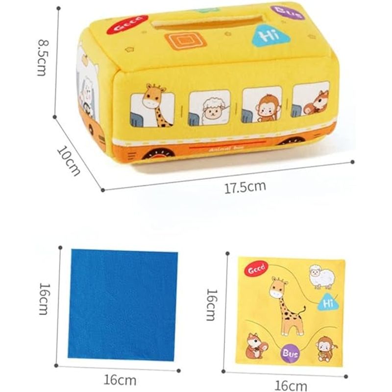 Jucarii, Copii si Bebe - Jucarii si jocuri - Jucarii bebelusi - Jucarii interactive bebelusi - Jucarie educativa si senzoriala, Cutie cu batiste, material textil, Montessori, Autobuz cu animale, EduJucarii, 3 luni+ - Infinity.ro