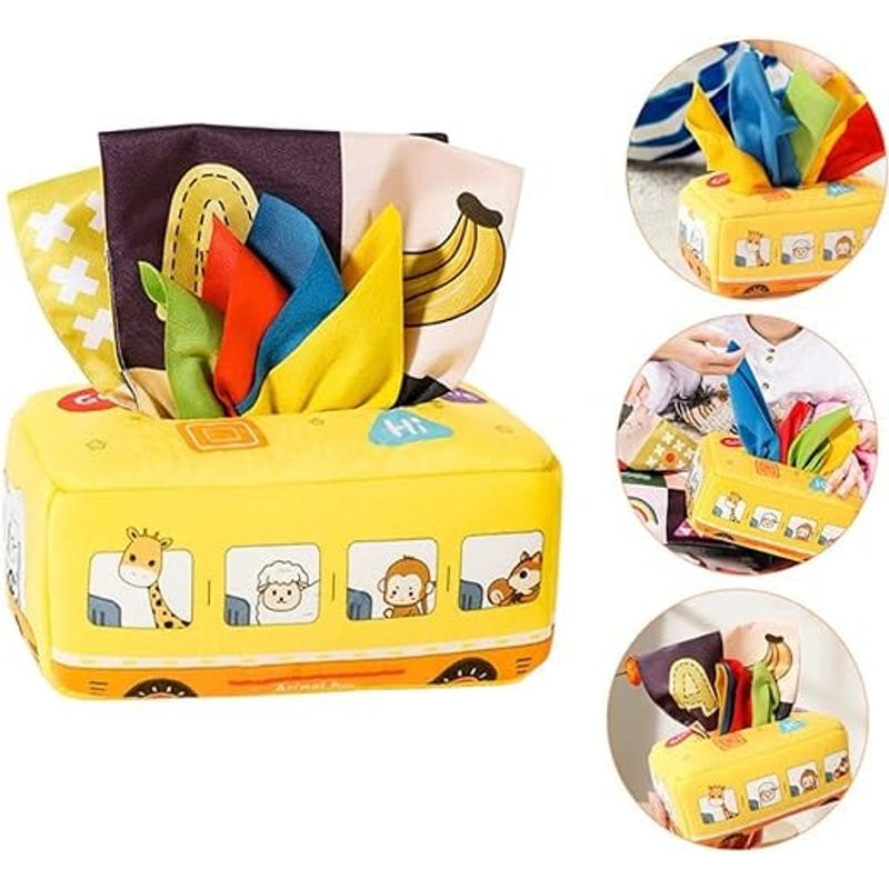 Jucarii, Copii si Bebe - Jucarii si jocuri - Jucarii bebelusi - Jucarii interactive bebelusi - Jucarie educativa si senzoriala, Cutie cu batiste, material textil, Montessori, Autobuz cu animale, EduJucarii, 3 luni+ - Infinity.ro