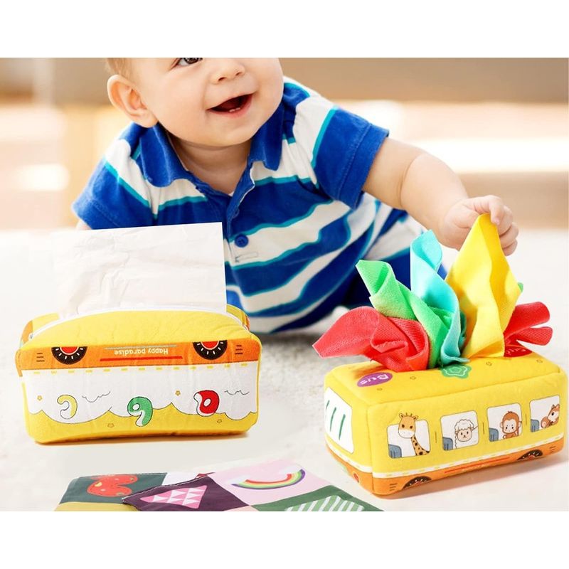 Jucarii, Copii si Bebe - Jucarii si jocuri - Jucarii bebelusi - Jucarii interactive bebelusi - Jucarie educativa si senzoriala, Cutie cu batiste, material textil, Montessori, Autobuz cu animale, EduJucarii, 3 luni+ - Infinity.ro